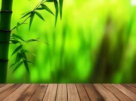 Wooden table on bamboo plant background ai generated photo