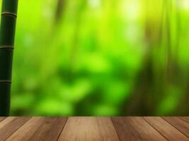 Wooden table on bamboo plant background ai generated photo