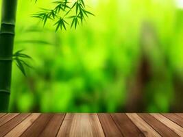 Wooden table on bamboo plant background ai generated photo