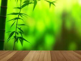 Wooden table on bamboo plant background ai generated photo