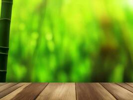 Wooden table on bamboo plant background ai generated photo