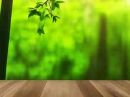 Wooden table on bamboo plant background ai generated photo