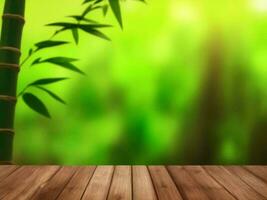 Wooden table on bamboo plant background ai generated photo