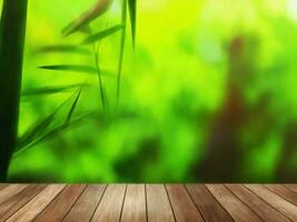 Wooden table on bamboo plant background ai generated photo