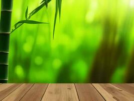 Wooden table on bamboo plant background ai generated photo