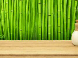 Wooden table on bamboo plant background ai generated photo