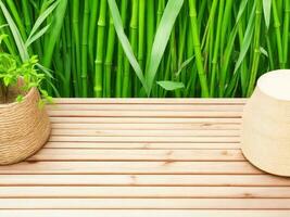 Wooden table on bamboo plant background ai generated photo