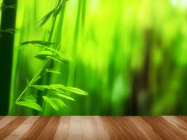 Wooden table on bamboo plant background ai generated photo