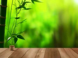 Wooden table on bamboo plant background ai generated photo