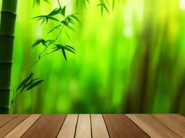 Wooden table on bamboo plant background ai generated photo