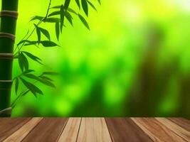 Wooden table on bamboo plant background ai generated photo