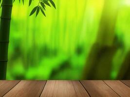 Wooden table on bamboo plant background ai generated photo