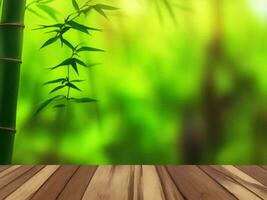 Wooden table on bamboo plant background ai generated photo