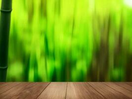 Wooden table on bamboo plant background ai generated photo