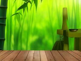 Wooden table on bamboo plant background ai generated photo