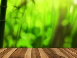 Wooden table on bamboo plant background ai generated photo