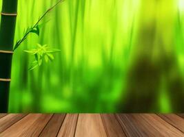 Wooden table on bamboo plant background ai generated photo