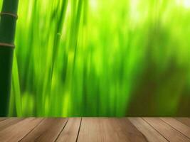 Wooden table on bamboo plant background ai generated photo