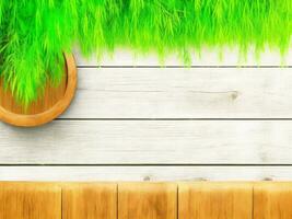 Wooden table on bamboo plant background ai generated photo