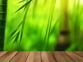 Wooden table on bamboo plant background ai generated photo