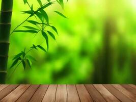 Wooden table on bamboo plant background ai generated photo