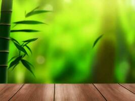 Wooden table on bamboo plant background ai generated photo