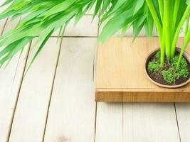 Wooden table on bamboo plant background ai generated photo