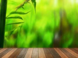 Wooden table on bamboo plant background ai generated photo