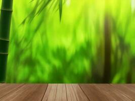 Wooden table on bamboo plant background ai generated photo