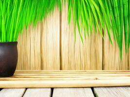 Wooden table on bamboo plant background ai generated photo