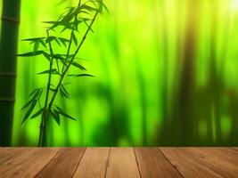 Wooden table on bamboo plant background ai generated photo