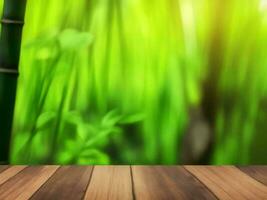 Wooden table on bamboo plant background ai generated photo