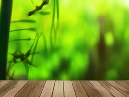 Wooden table on bamboo plant background ai generated photo