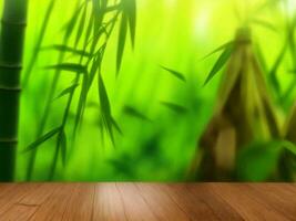 Wooden table on bamboo plant background ai generated photo