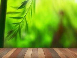 Wooden table on bamboo plant background ai generated photo