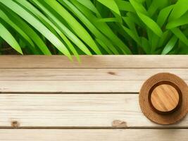 Wooden table on bamboo plant background ai generated photo