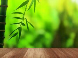 Wooden table on bamboo plant background ai generated photo