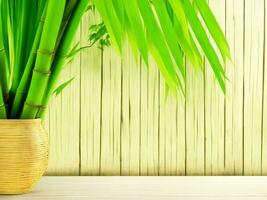 Wooden table on bamboo plant background ai generated photo