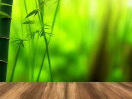 Wooden table on bamboo plant background ai generated photo