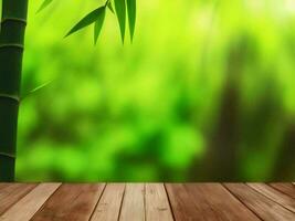 Wooden table on bamboo plant background ai generated photo