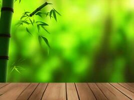 Wooden table on bamboo plant background ai generated photo