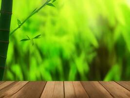 Wooden table on bamboo plant background ai generated photo