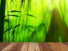 Wooden table on bamboo plant background ai generated photo