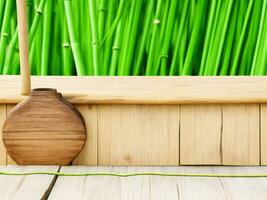 Wooden table on bamboo plant background ai generated photo