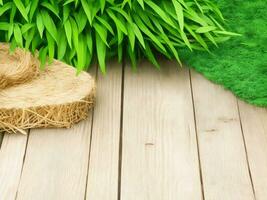 Wooden table on bamboo plant background ai generated photo