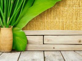 Wooden table on bamboo plant background ai generated photo