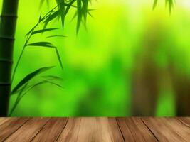 Wooden table on bamboo plant background ai generated photo