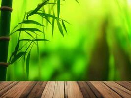 Wooden table on bamboo plant background ai generated photo