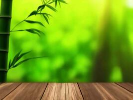 Wooden table on bamboo plant background ai generated photo