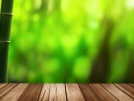 Wooden table on bamboo plant background ai generated photo